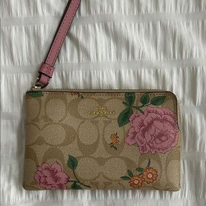 Coach Tan Wristlet with Pink Floral Design
